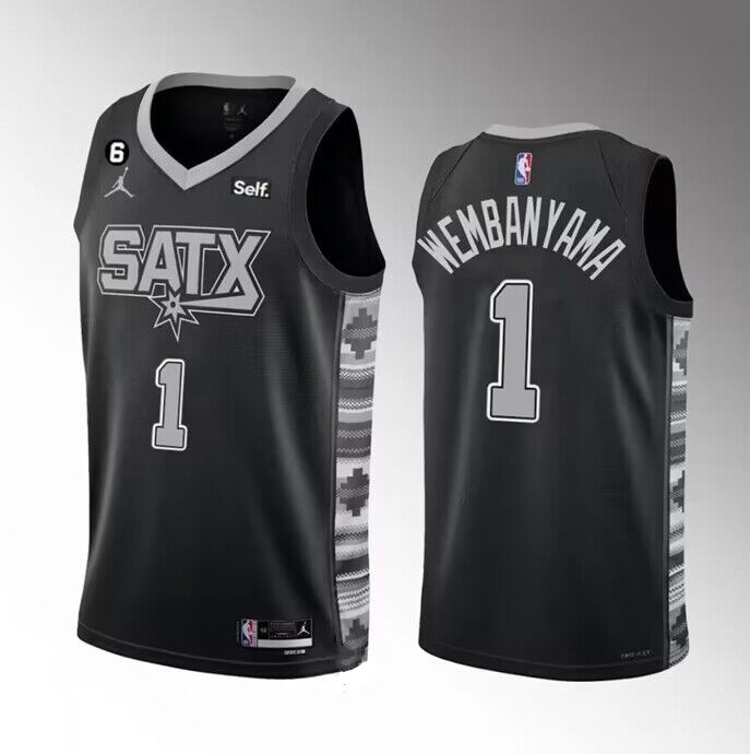 Men's San Antonio Spurs #1 Victor Wembanyama Black 2022/23 Statement Edition With NO.6 Patch Stitched Basketball Jersey Men's San Antonio Spurs #1 Victor Wembanyama Black 2022/23 Statement Edition With NO.6 Patch Stitched Basketball Jersey